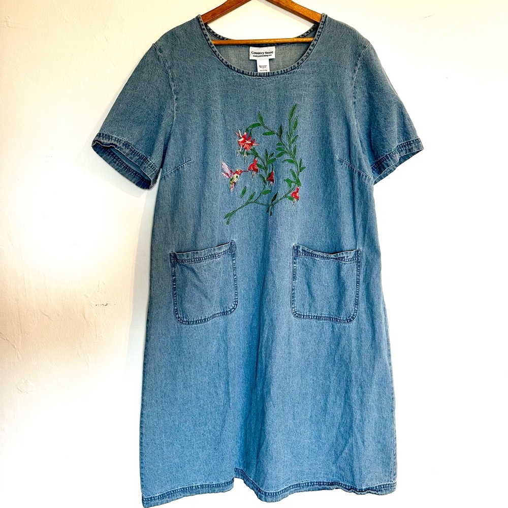 Country Store Embroidered Denim Shift Dress
